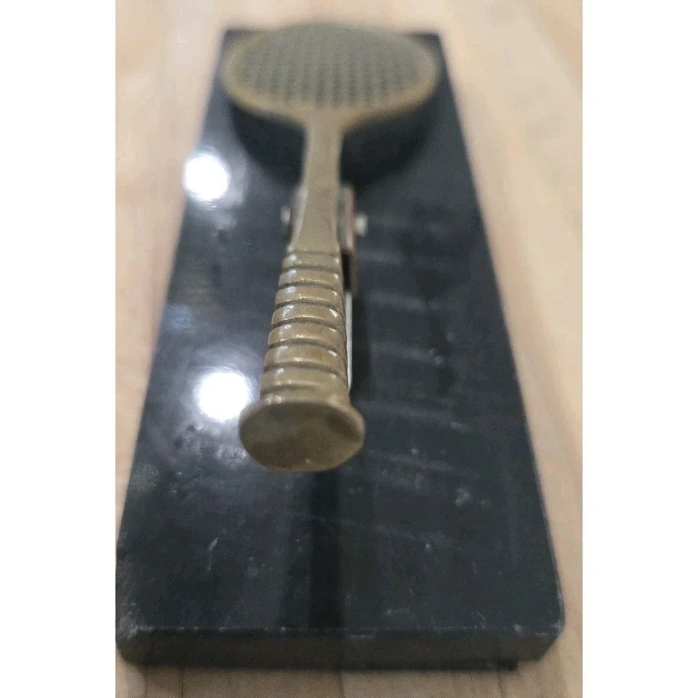 Vintage 80s Solid Brass Tennis‎ Racket Desk Clip Letter Card Holder 6